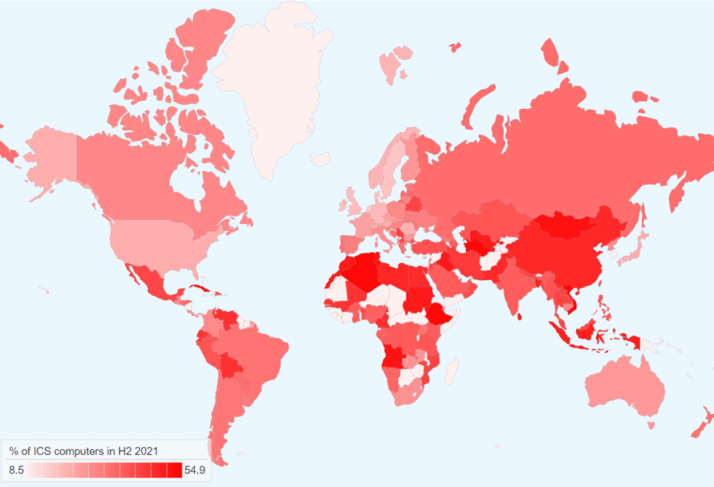 Porcentaje de cómputos de ICS en los que se bloquearon objetos maliciosos en diferentes países y territorios, segundo semestre de 2021